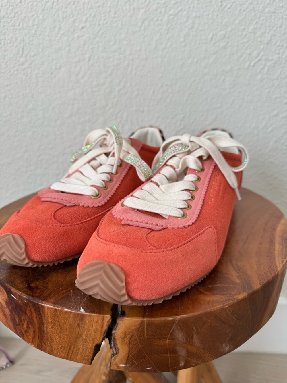 Kurt Geiger Coral Pink Islington Suede Sneakers with Cream Laces SZ 41